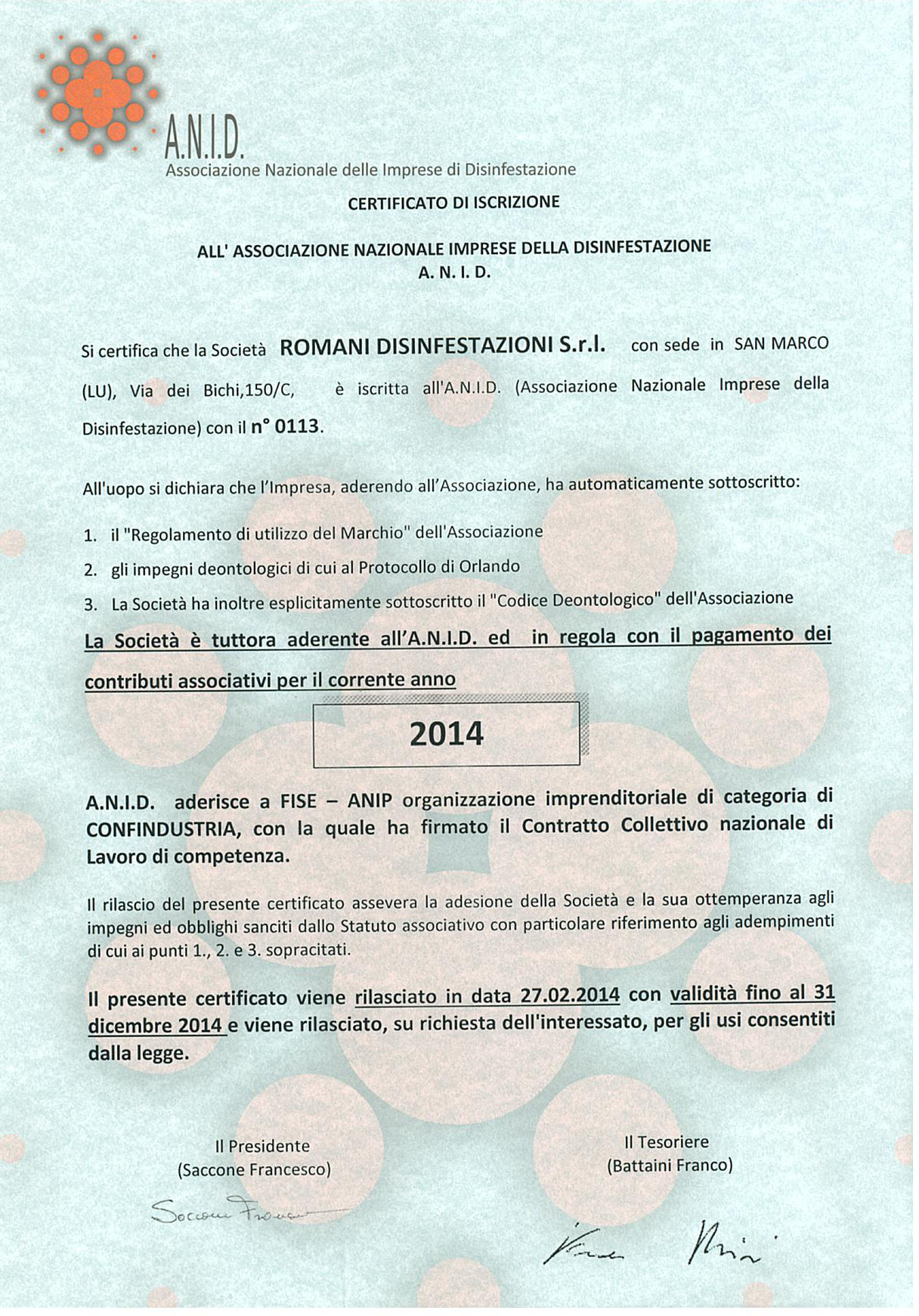Certificato ANID Associazione Nazionale Imprese di Disinfestazione